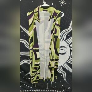 Moa Moa Olive Green, Cream & Deep Purple Abstract Print Top